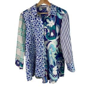 Habitat Women's M White Blue Gauzy Cotton Boho Button Up Shirt